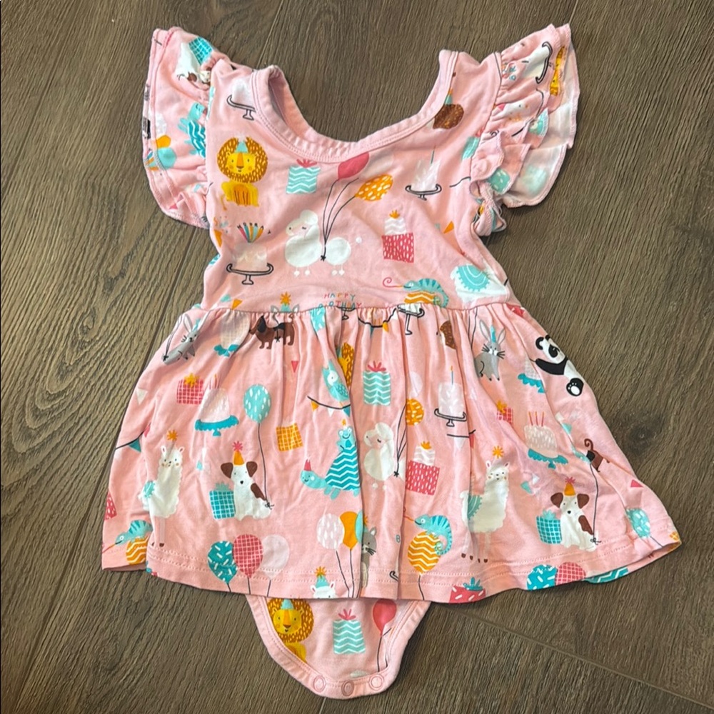 Little Sleepies Pink Happy Birthday Animal Print Dress